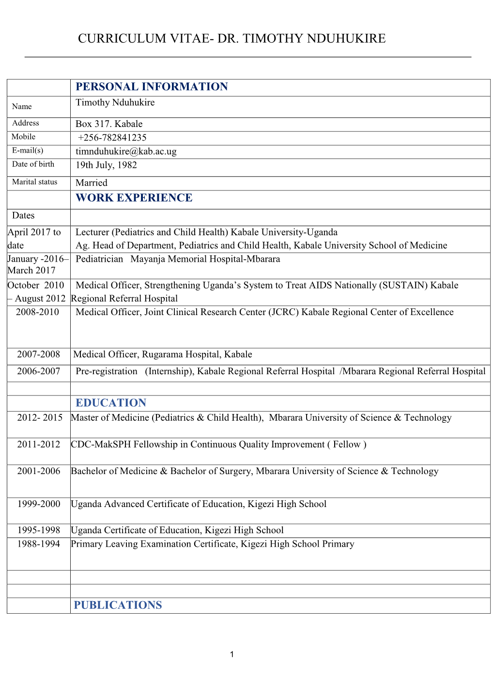 Curriculum Vitae- Dr. Timothy Nduhukire