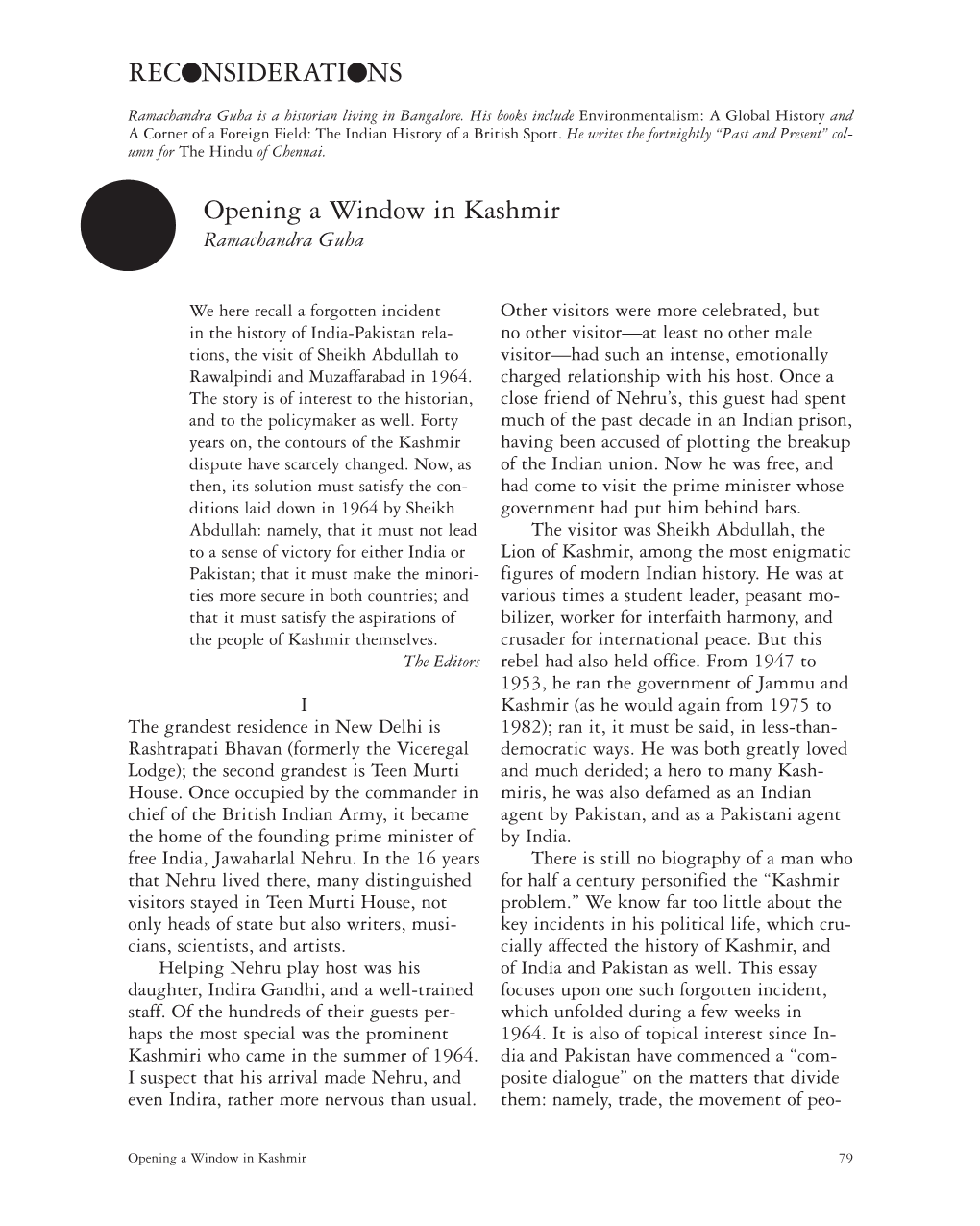 Opening a Window in Kashmir Ramachandra Guha