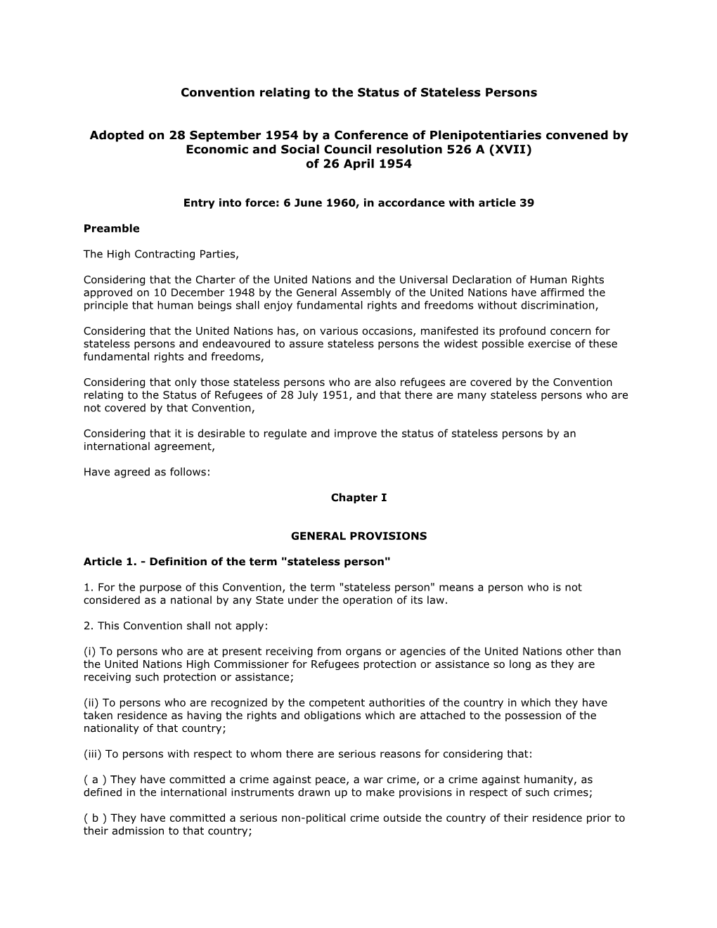 Convention Relating to the Status of Stateless Persons Adopted on 28