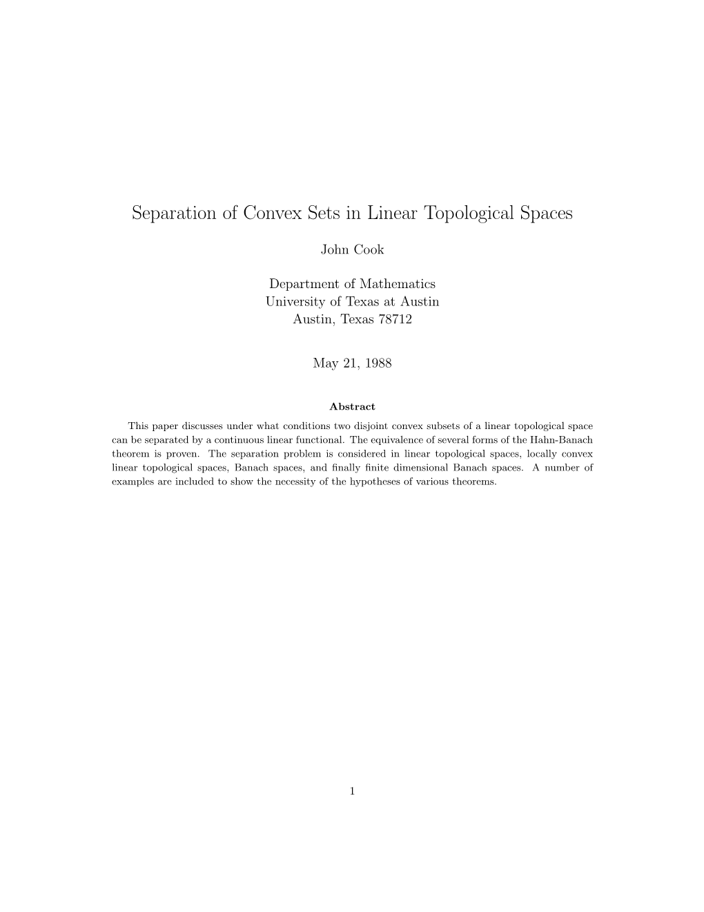 Separation of Convex Sets in Linear Topologic Spaces