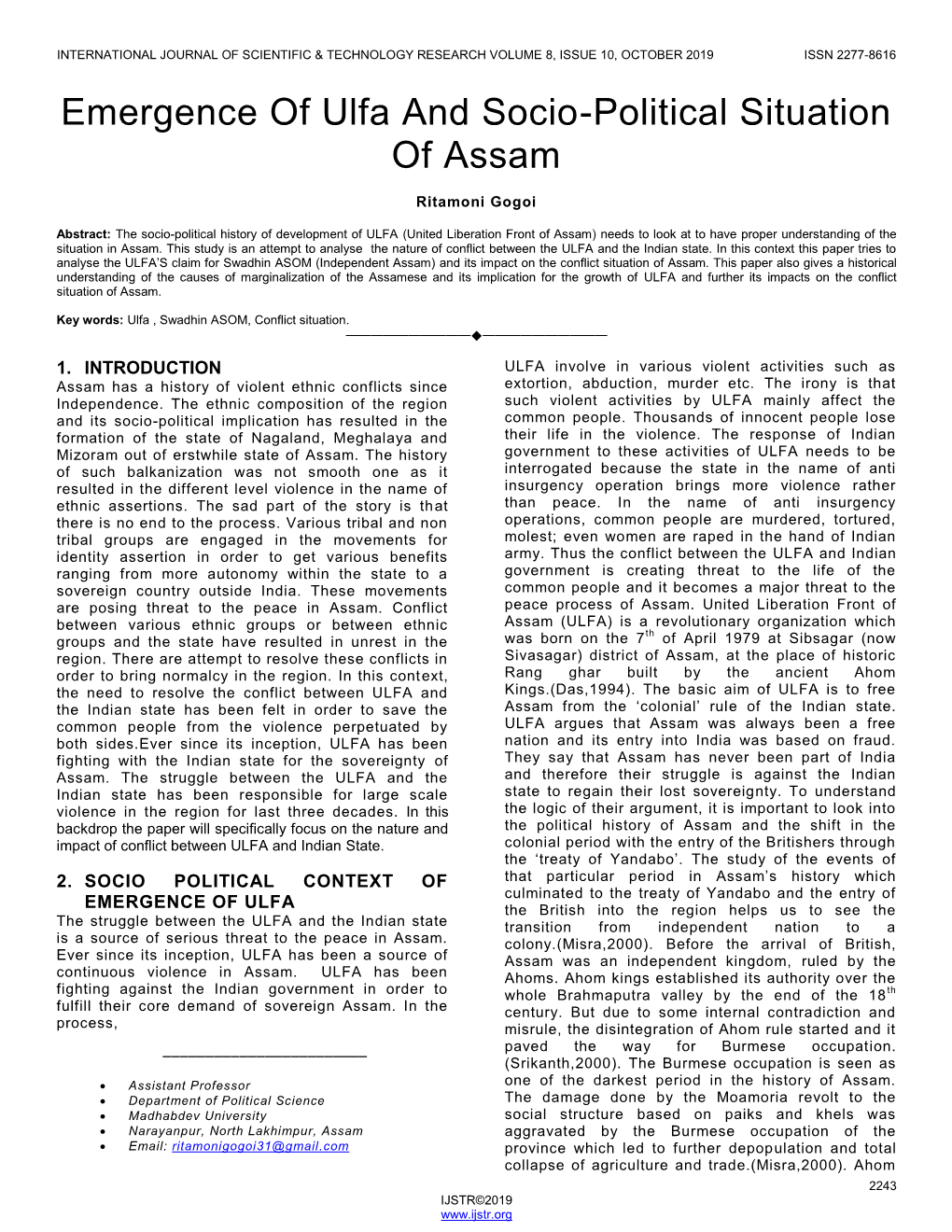 Emergence of Ulfa and Socio-Political Situation of Assam