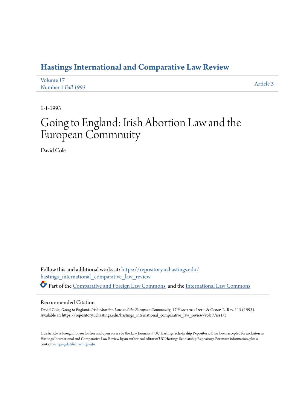 Irish Abortion Law and the European Commnuity David Cole