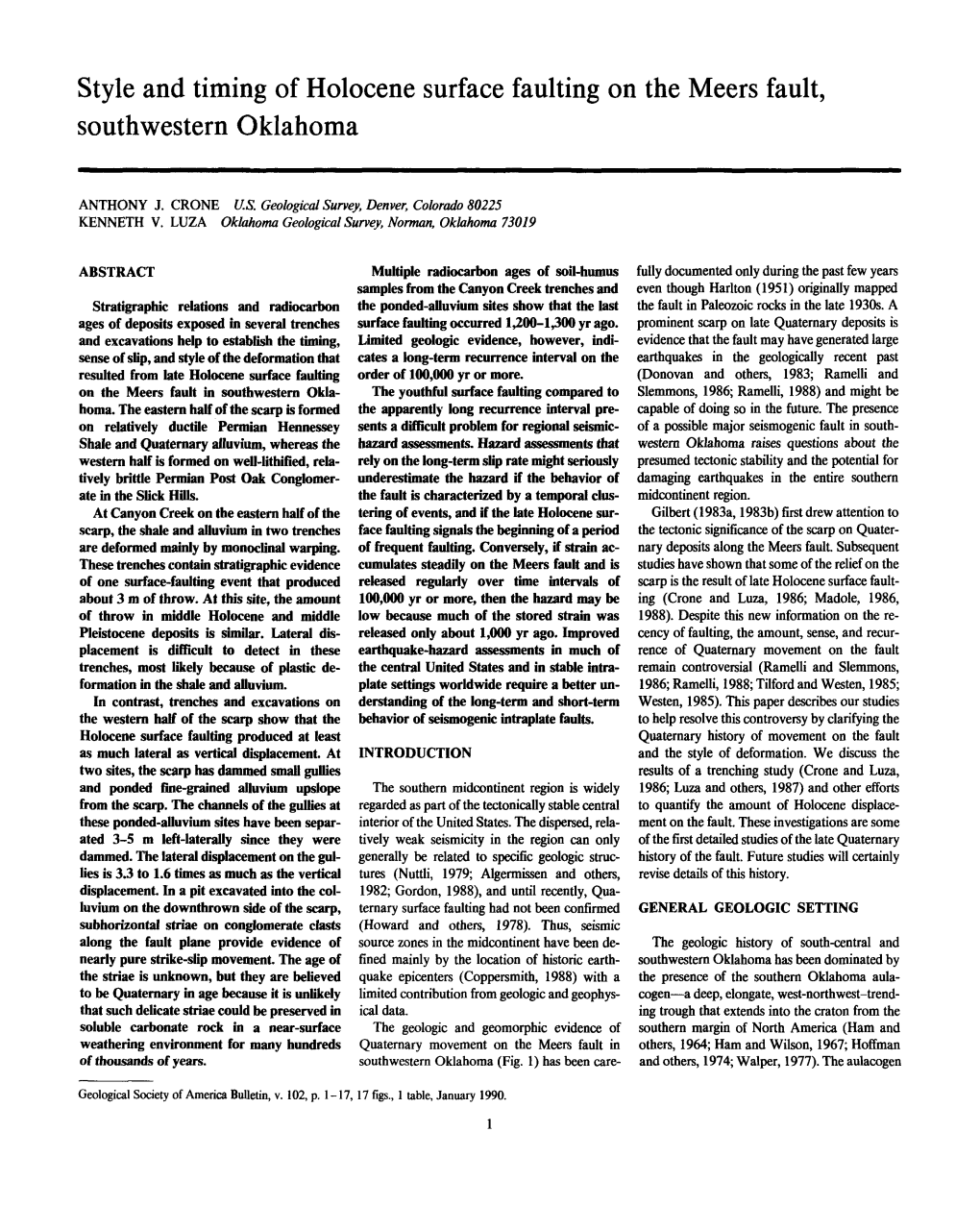 Style and Timing of Holocene Surface Faulting on the Meers Fault, Southwestern Oklahoma