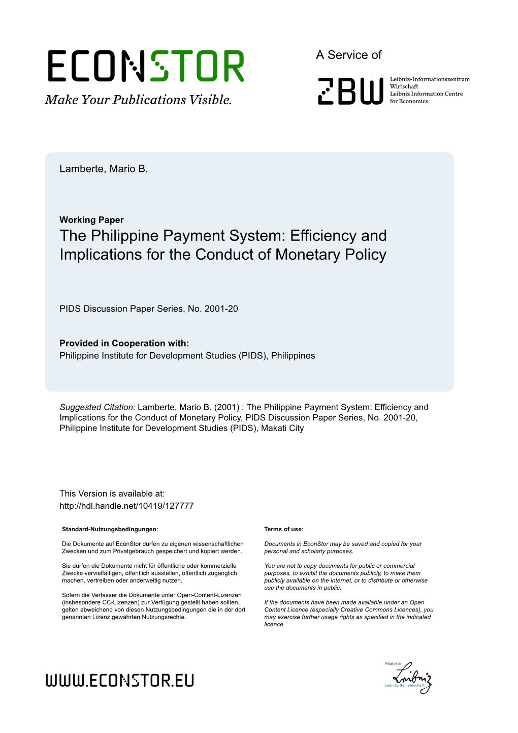 The Philippine Payment System: Efficiency and Implications for the Conduct of Monetary Policy