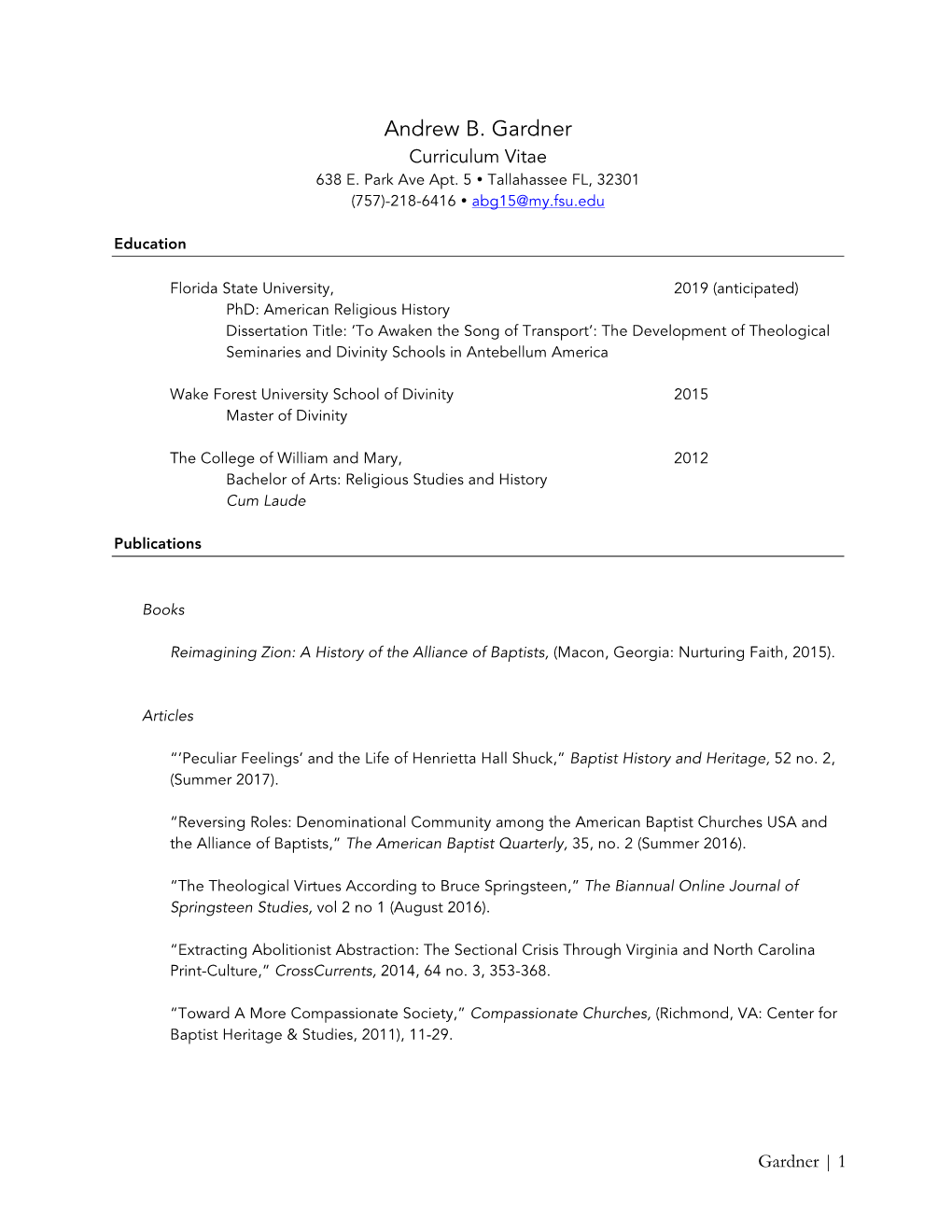 Andrew B. Gardner Curriculum Vitae 638 E