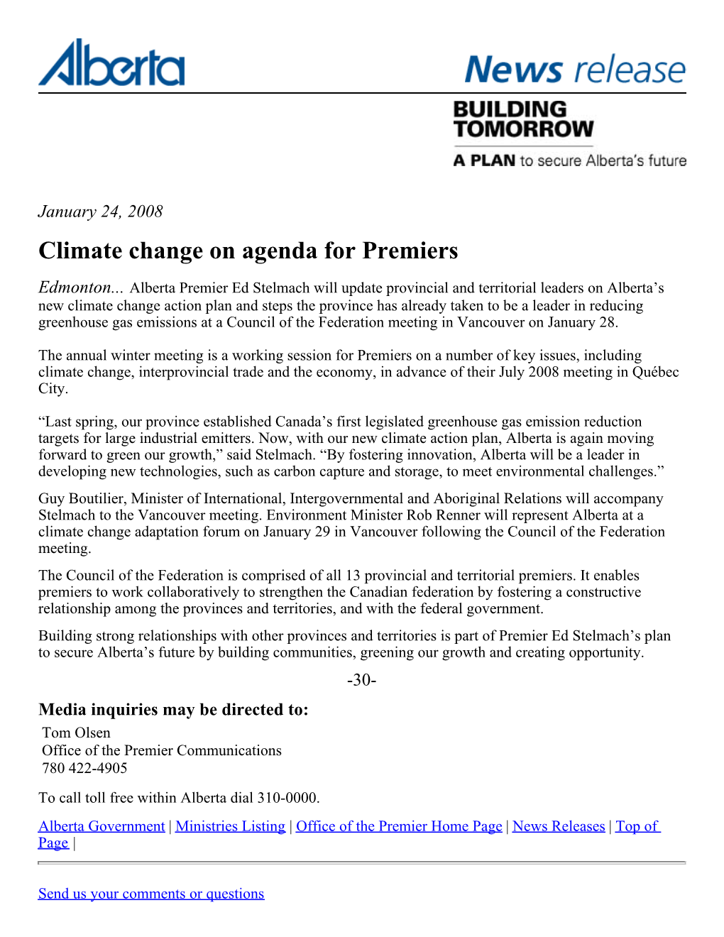 Climate Change on Agenda for Premiers