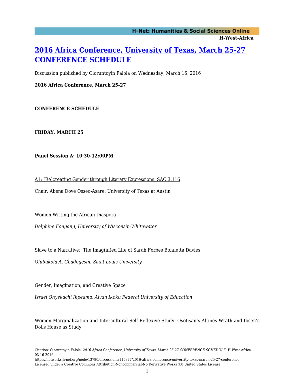 2016 Africa Conference, University of Texas, March 25-27 CONFERENCE SCHEDULE