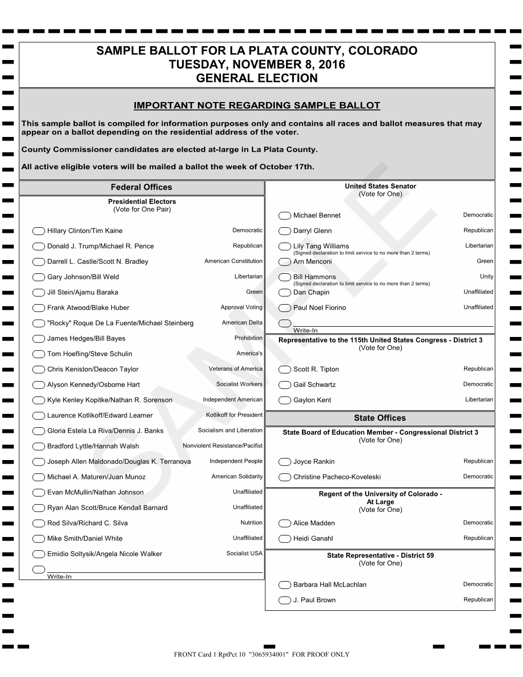 Sample Ballot for La Plata County, Colorado Tuesday, November 8, 2016 General Election