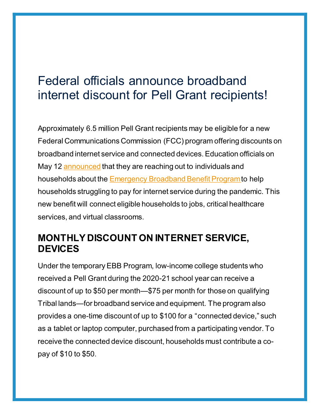 Federal Officials Announce Broadband Internet Discount for Pell Grant Recipients!