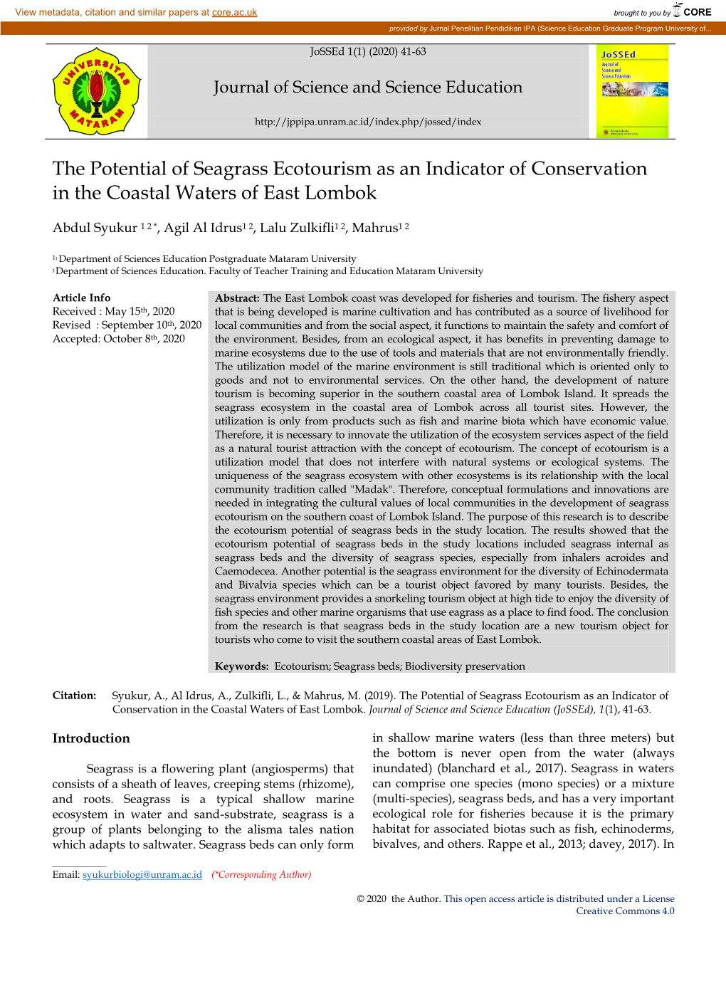 The Potential of Seagrass Ecotourism As an Indicator of Conservation in the Coastal Waters of East Lombok