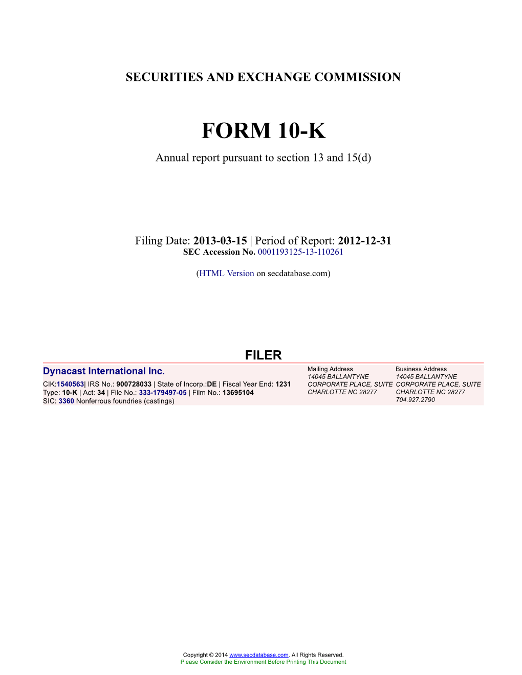 Dynacast International Inc. Form 10-K Annual Report Filed 2013-03-15