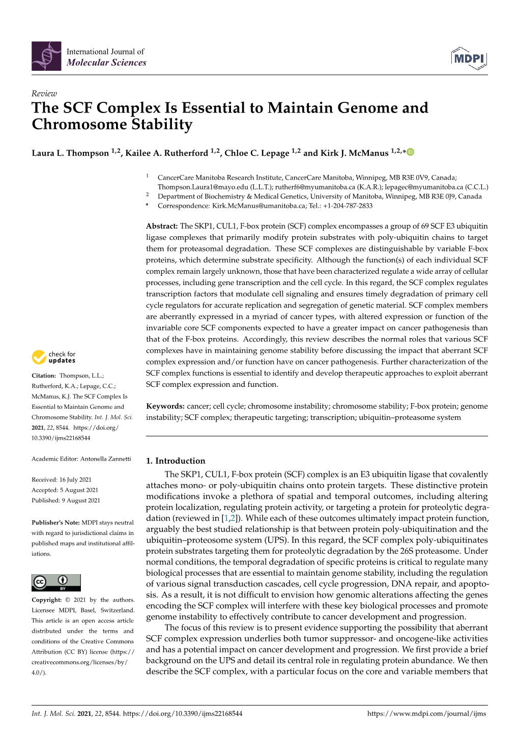 The SCF Complex Is Essential to Maintain Genome and Chromosome Stability