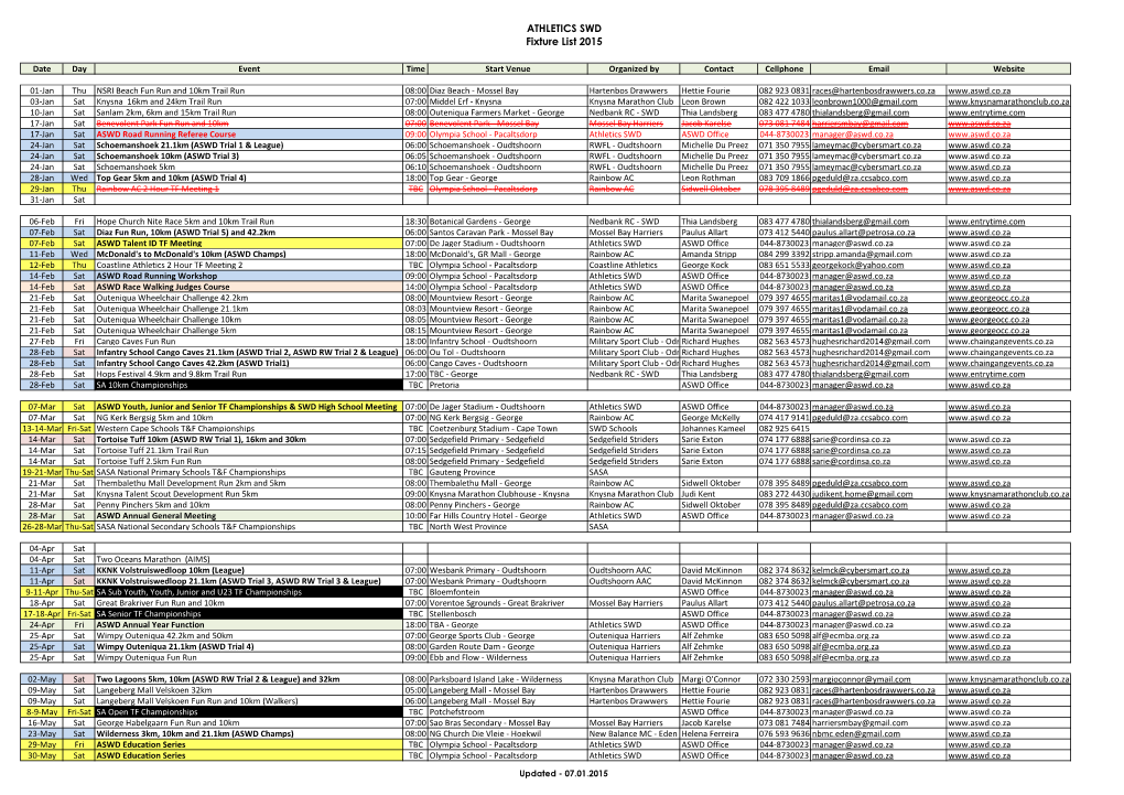 ATHLETICS SWD Fixture List 2015