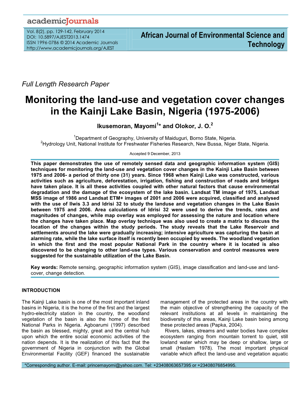 Monitoring the Land-Use and Vegetation Cover Changes in the Kainji Lake Basin, Nigeria (1975-2006)