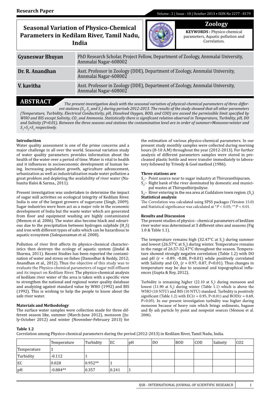 Zoology ABSTRACT Seasonal Variation of Physico-Chemical