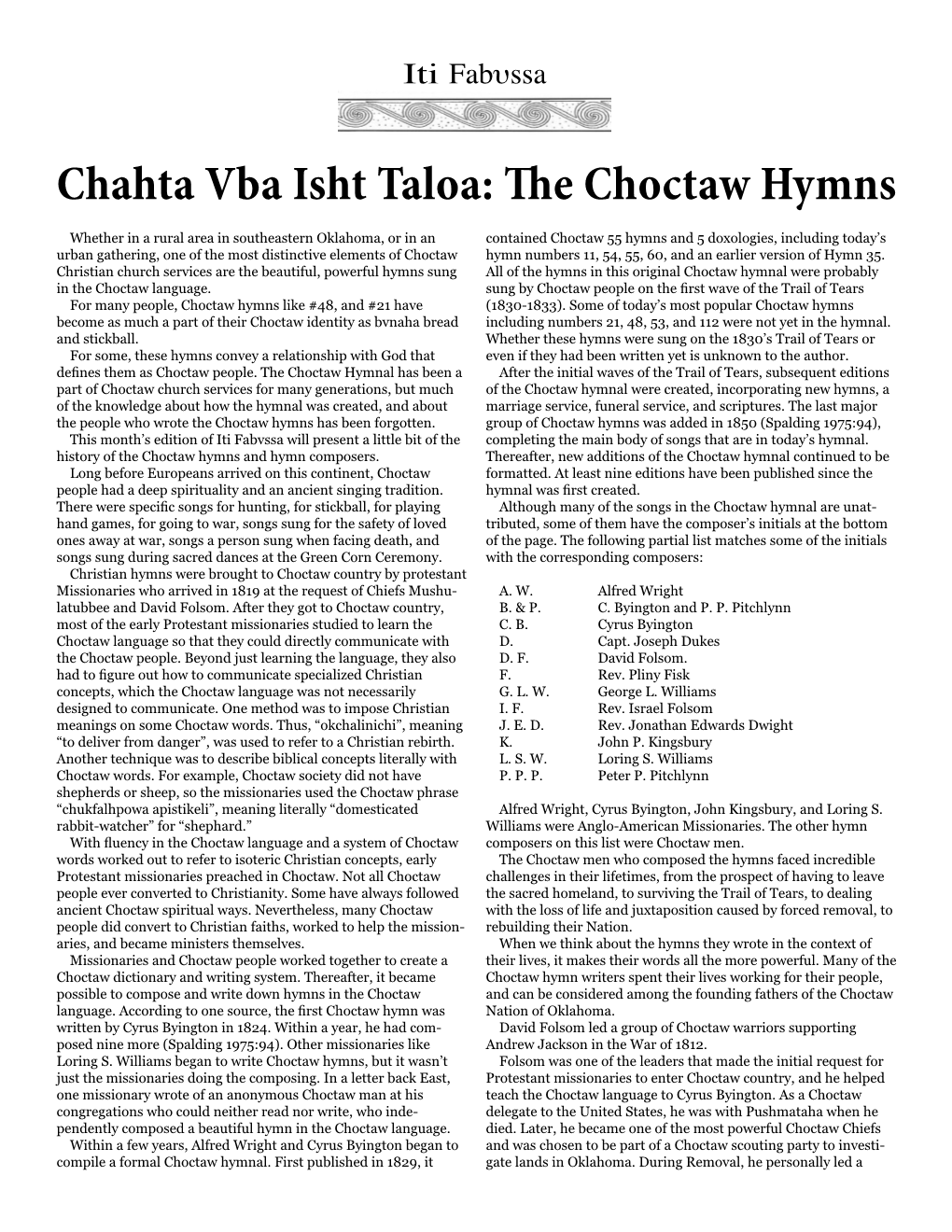 Chahta Vba Isht Taloa: the Choctaw Hymns