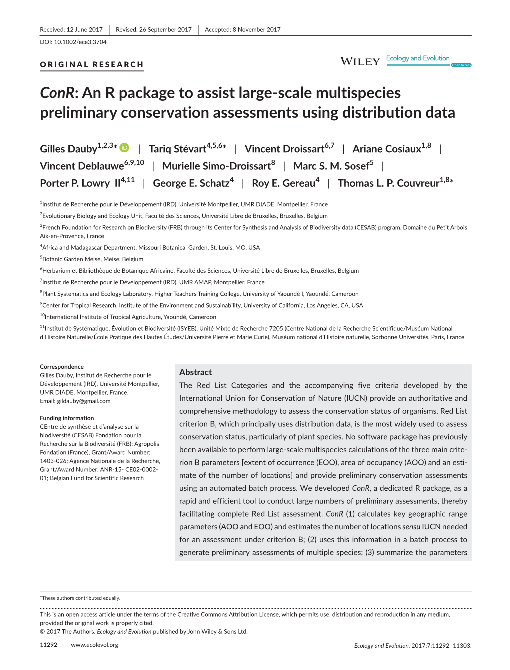 Conr : an R Package to Assist Large-Scale Multispecies Preliminary Conservation Assessments Using Distribution Data