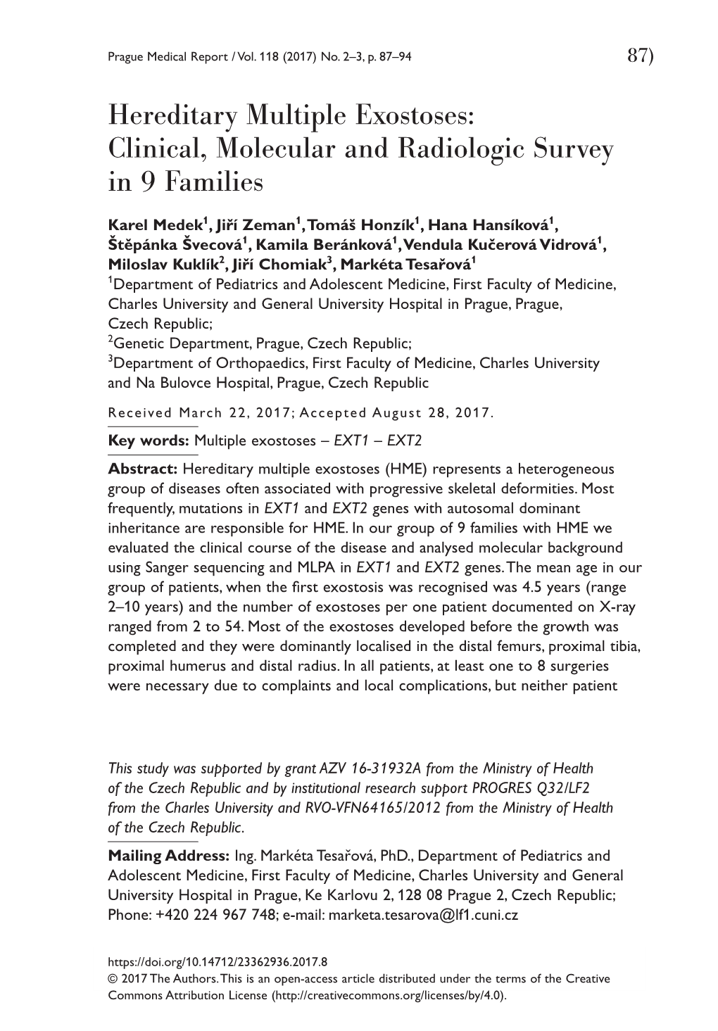 Hereditary Multiple Exostoses: Clinical, Molecular and Radiologic Survey in 9 Families