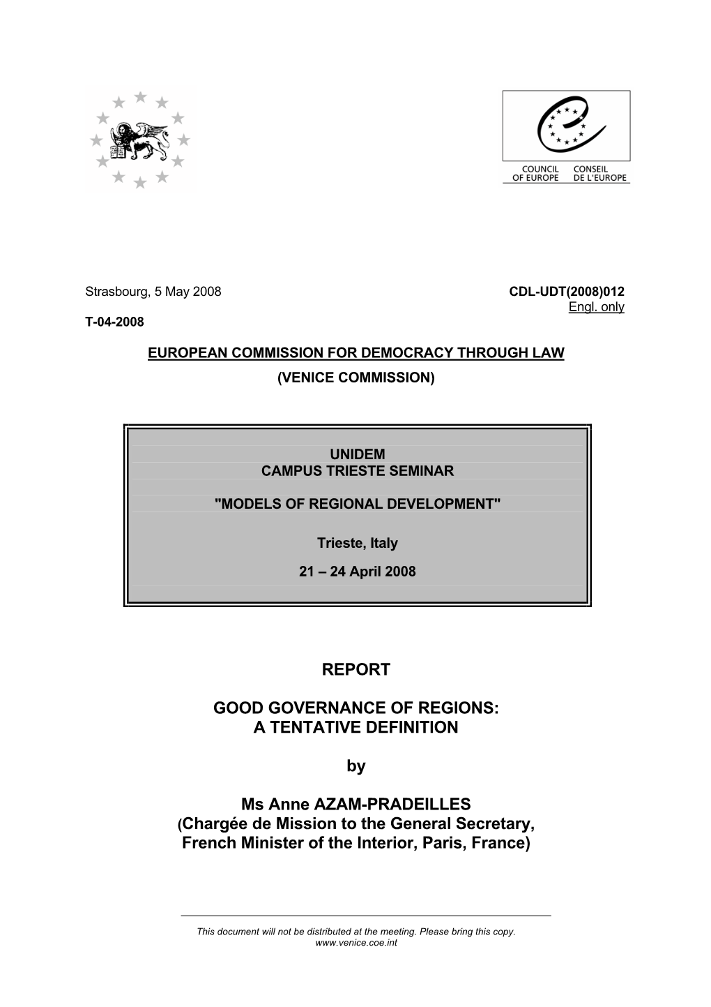 Report Good Governance of Regions: a Tentative