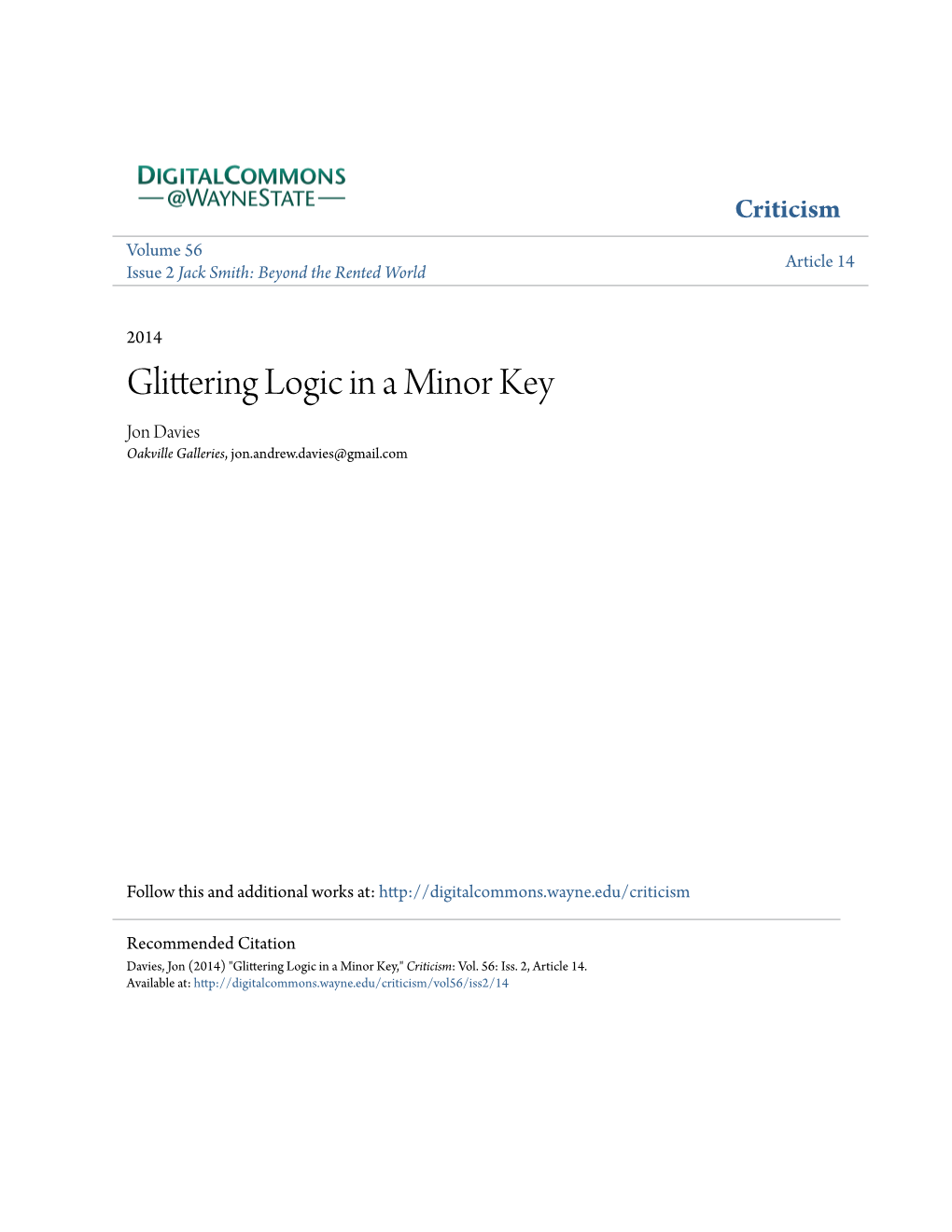 Glittering Logic in a Minor Key Jon Davies Oakville Galleries, Jon.Andrew.Davies@Gmail.Com