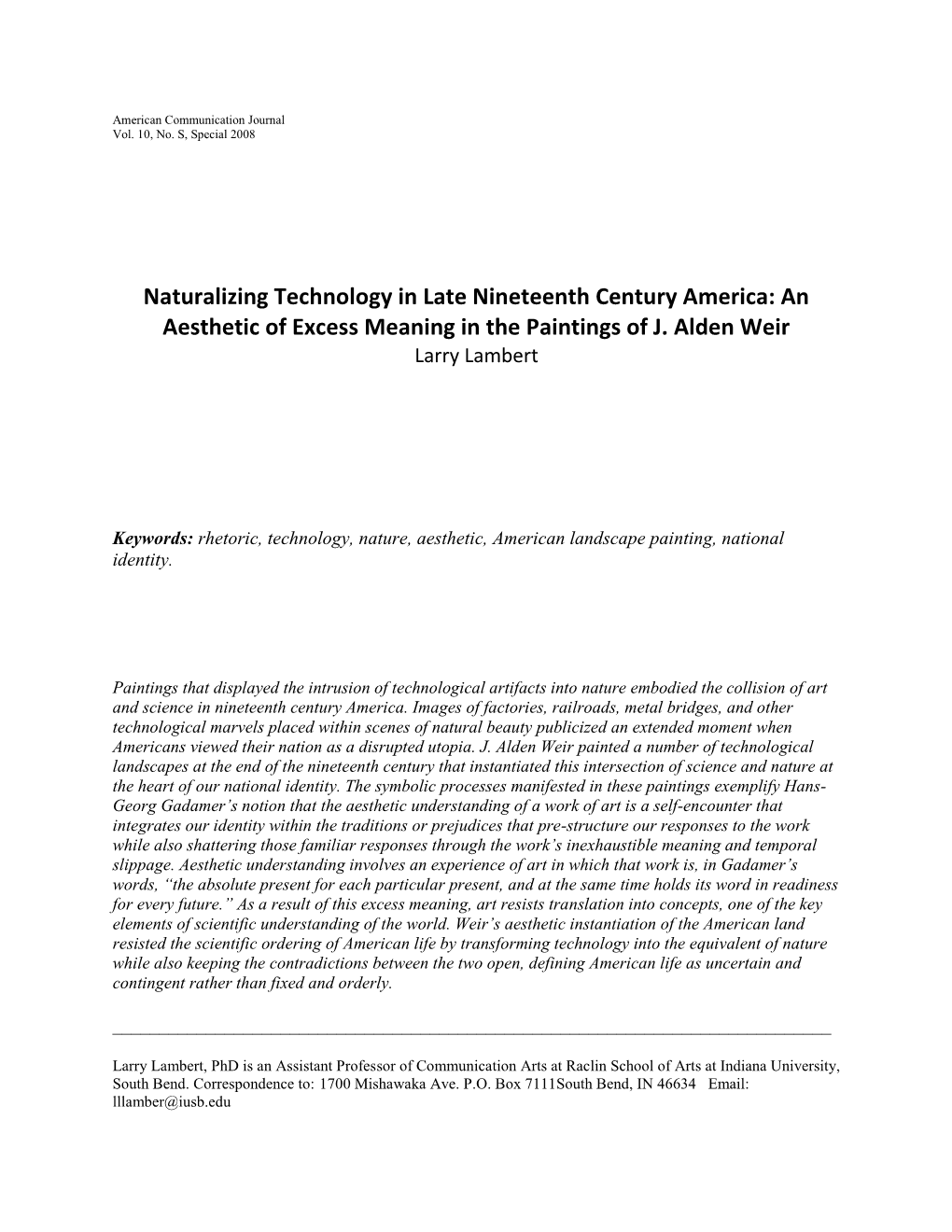 Naturalizing Technology in Late Nineteenth Century America: an Aesthetic of Excess Meaning in the Paintings of J