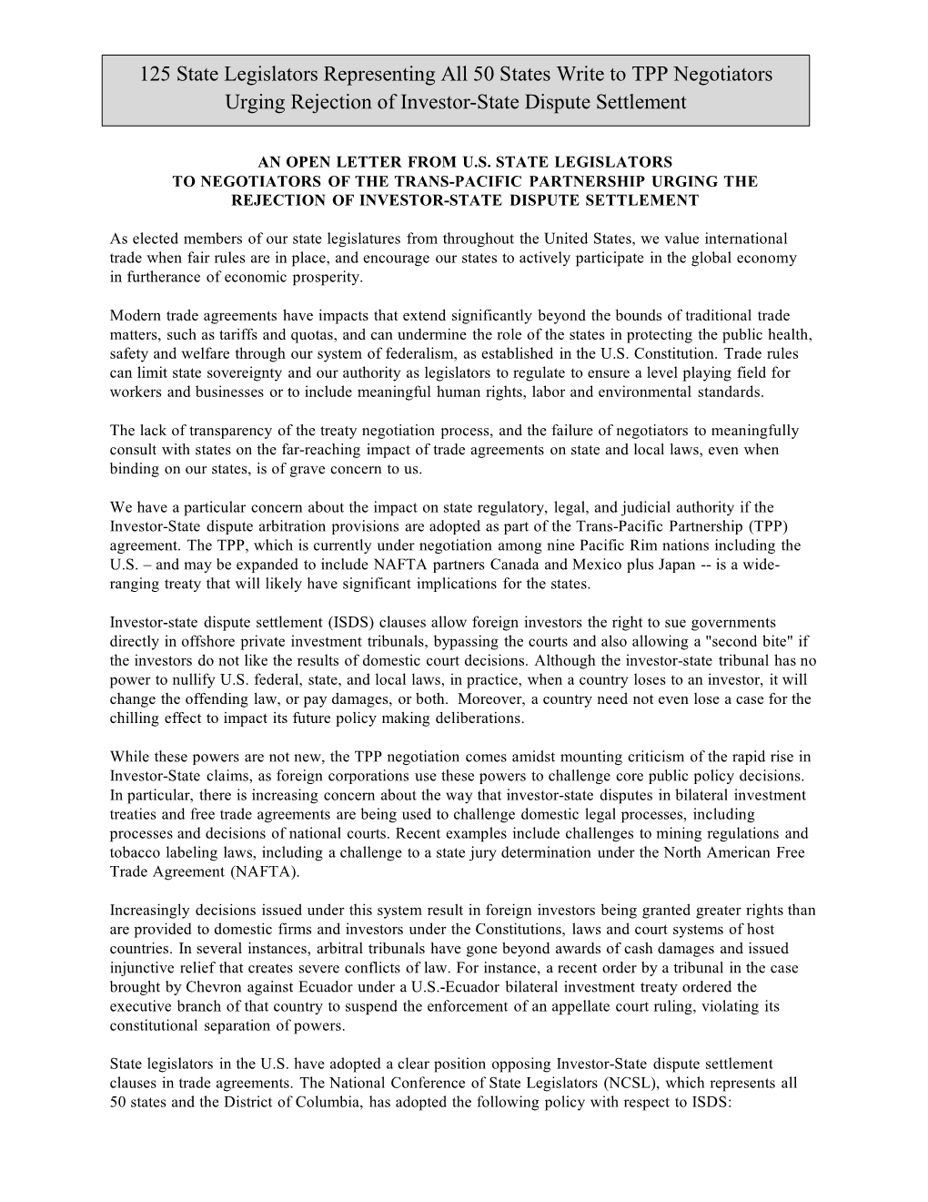 125 State Legislators Representing All 50 States Write to TPP Negotiators Urging Rejection of Investor-State Dispute Settlement