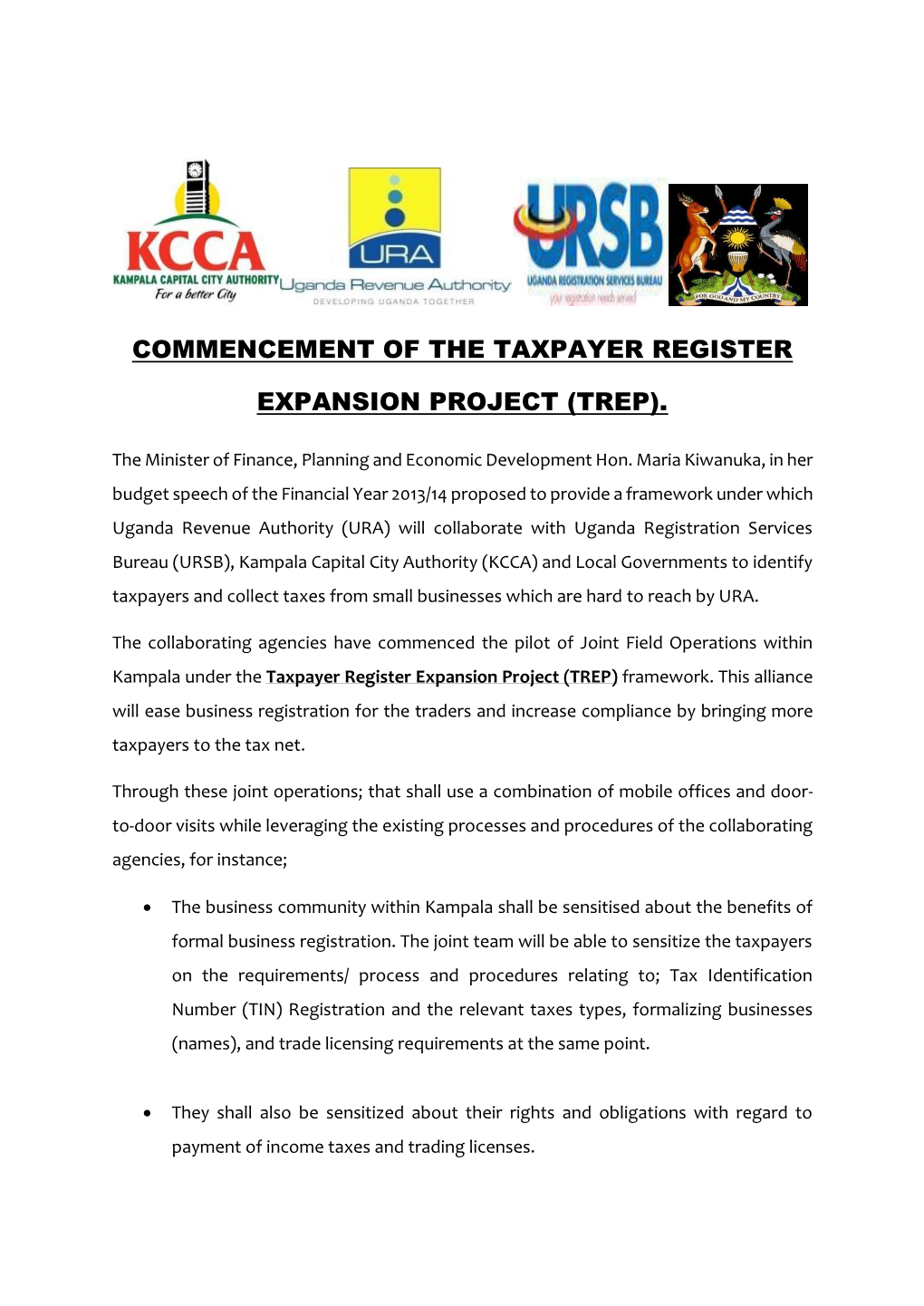 Commencement of the Taxpayer Register Expansion Project