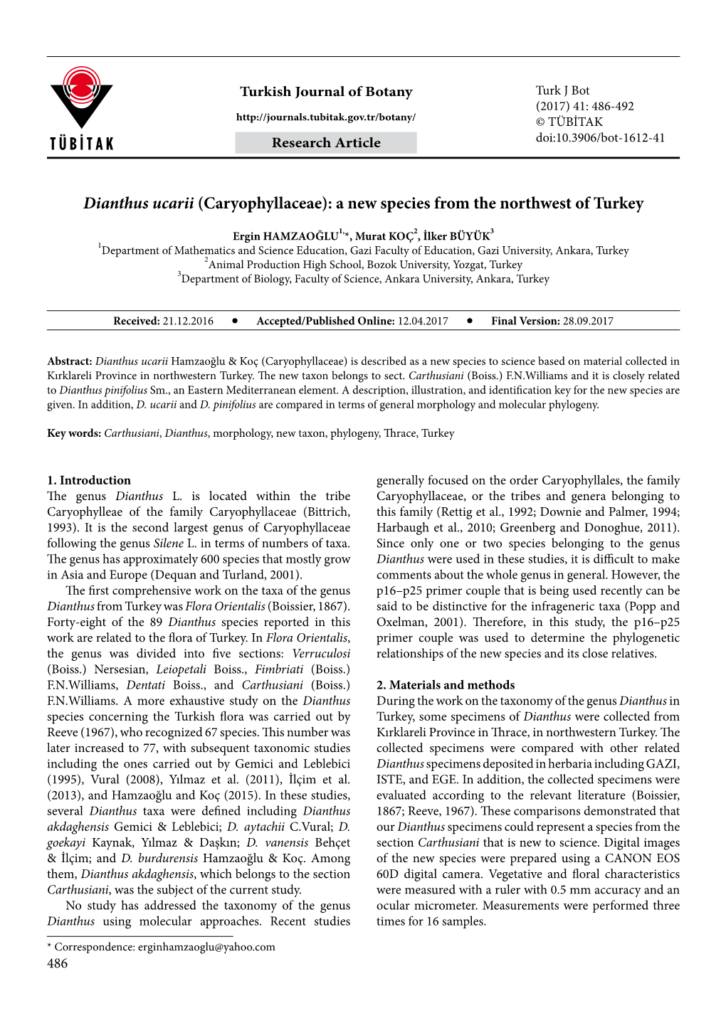 Dianthus Ucarii (Caryophyllaceae): a New Species from the Northwest of Turkey