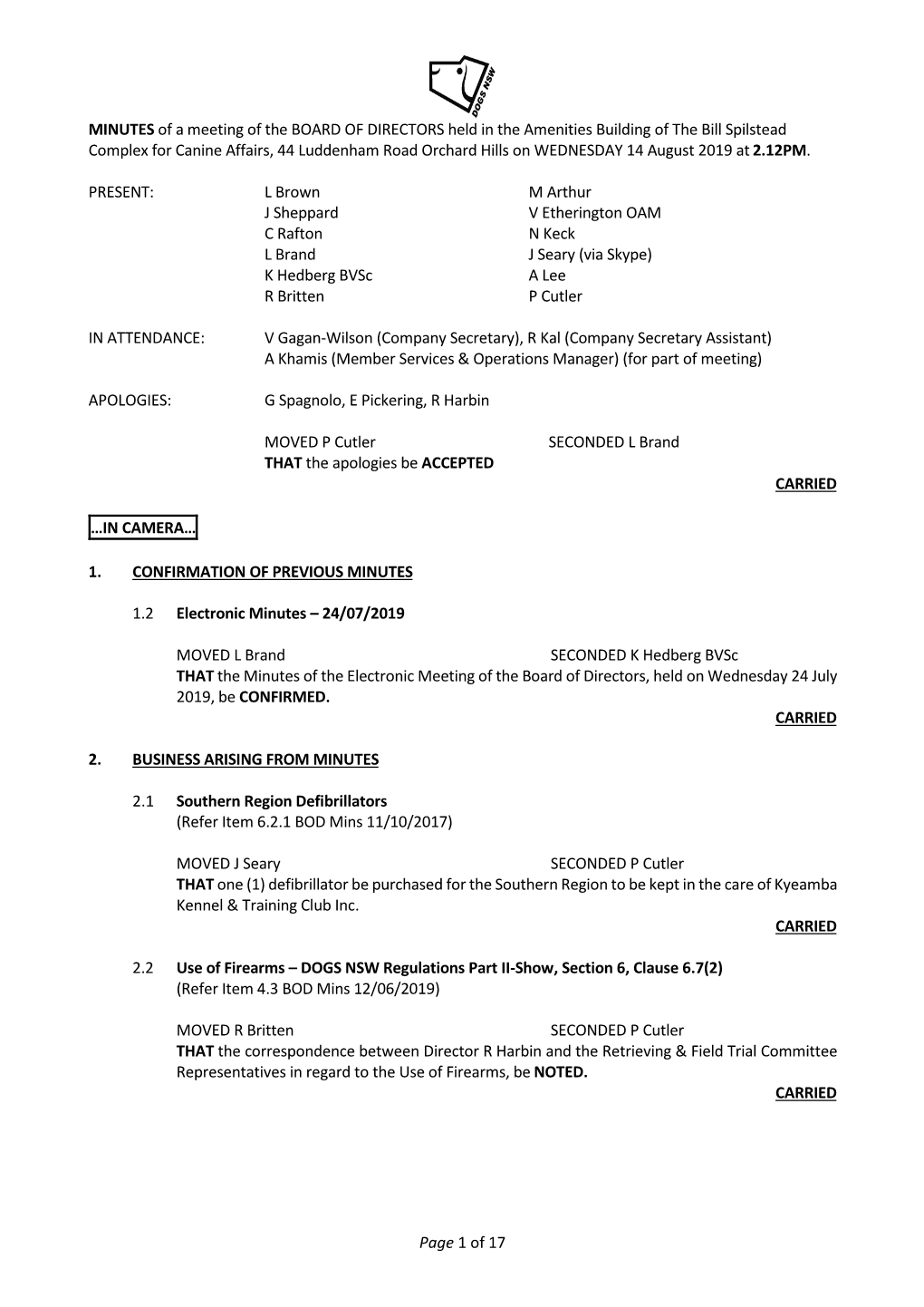 Page 1 of 17 Minutes of a Meeting of the Board of Directors Held Wednesday 14 August 2019