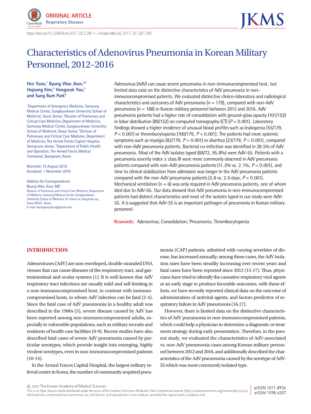 Characteristics of Adenovirus Pneumonia in Korean Military Personnel, 2012–2016