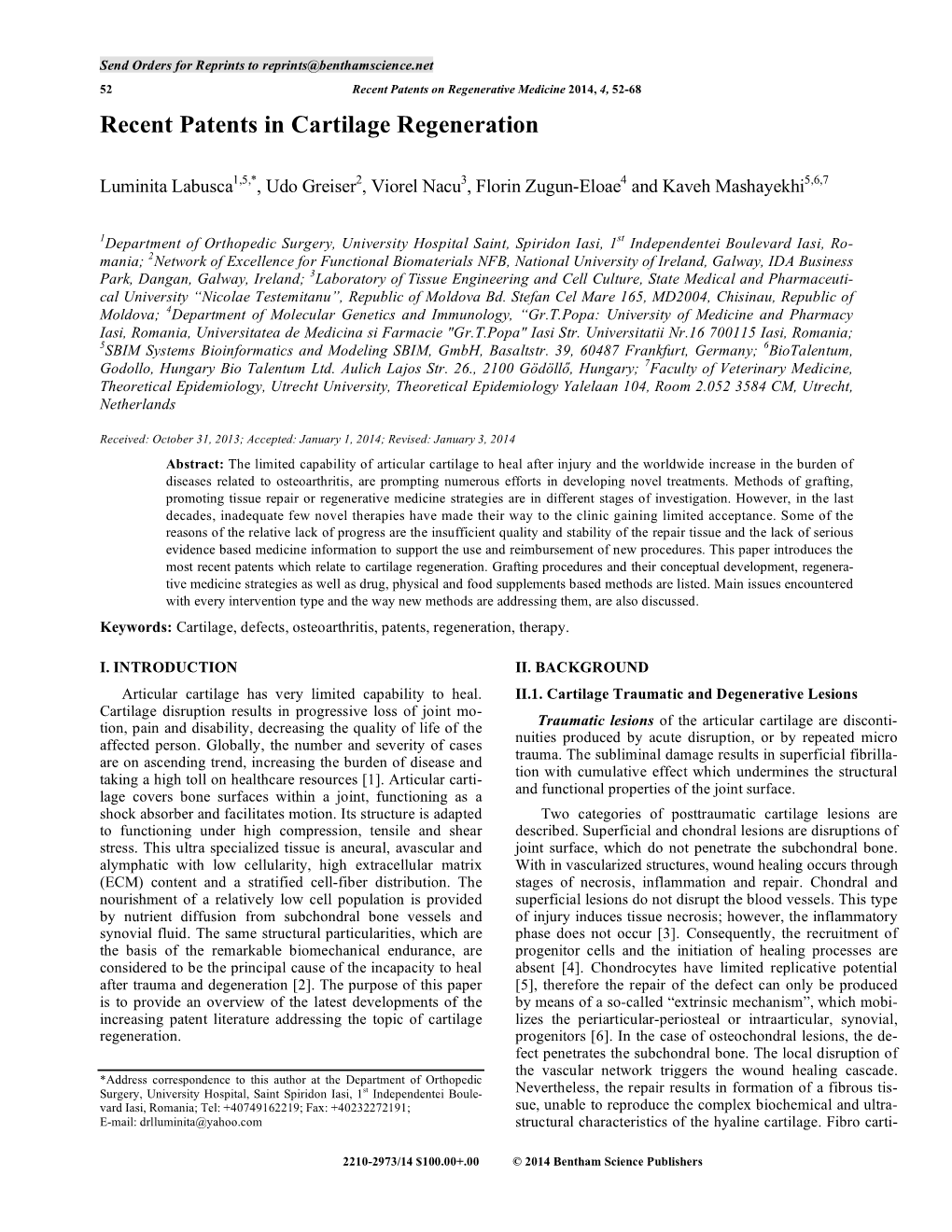 Recent Patents in Cartilage Regeneration