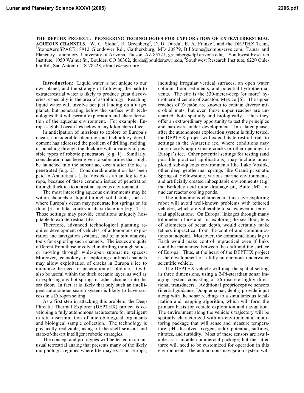 AQUEOUS CHANNELS. W. C. Stone1, R