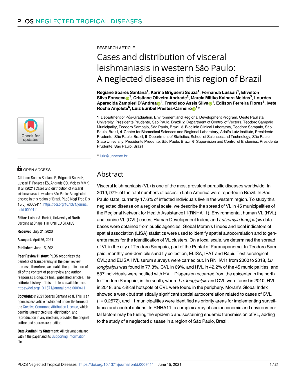 Cases and Distribution of Visceral Leishmaniasis in Western São Paulo: a Neglected Disease in This Region of Brazil