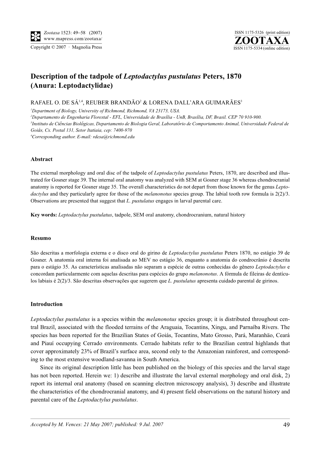 Zootaxa,Description of the Tadpole of Leptodactylus