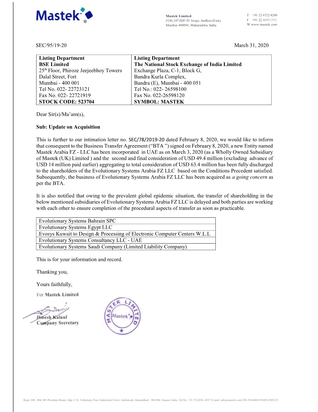 SEC/95/19-20 March 31, 2020 Listing Department BSE Limited