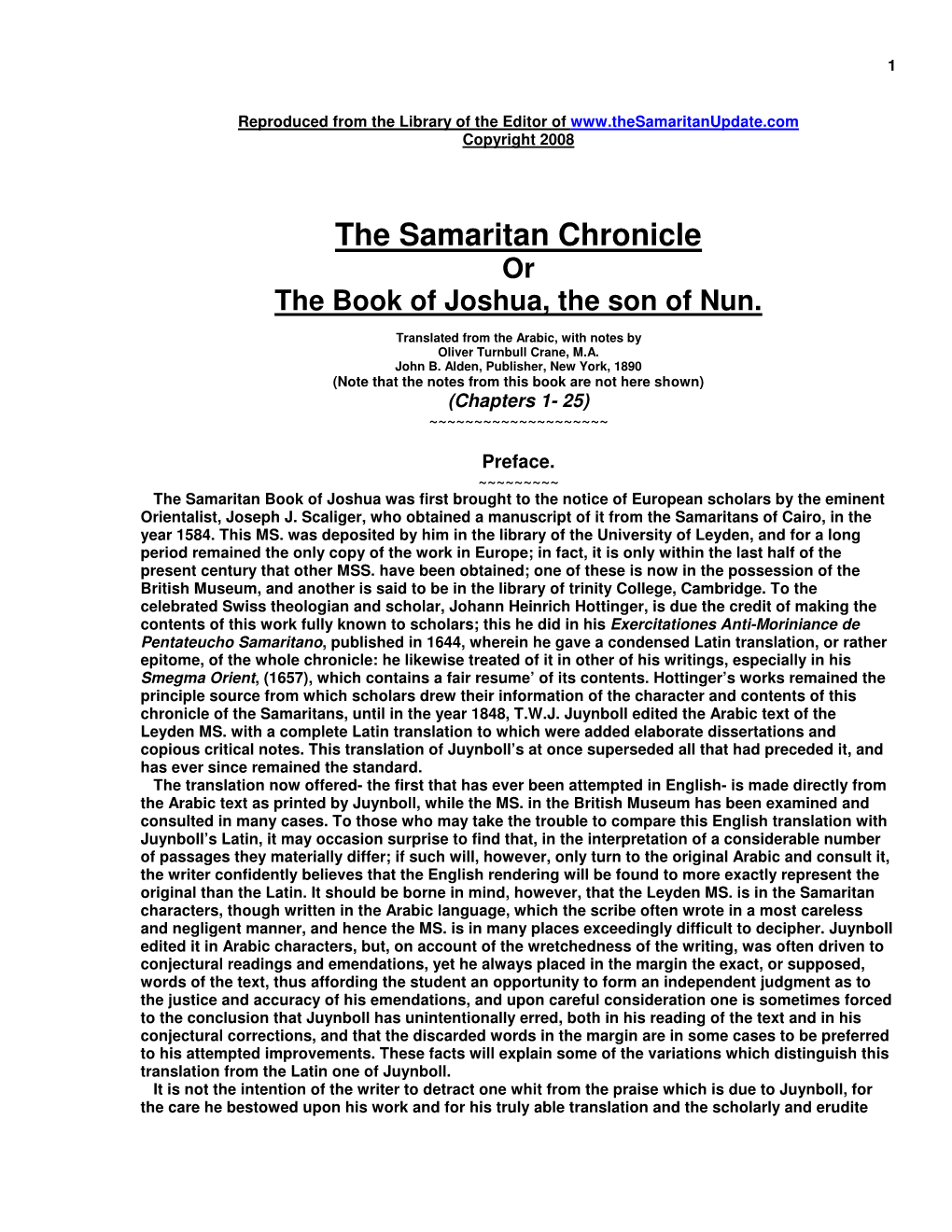 The Samaritan Chronicle Or the Book of Joshua, the Son of Nun