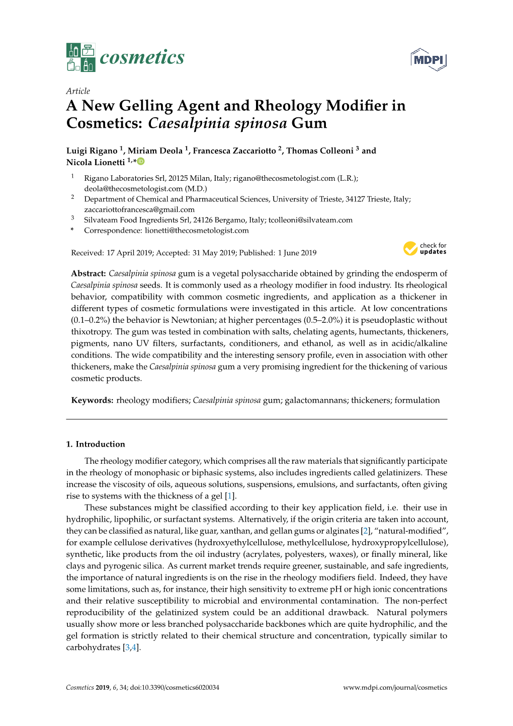 A New Gelling Agent and Rheology Modifier in Cosmetics: Caesalpinia