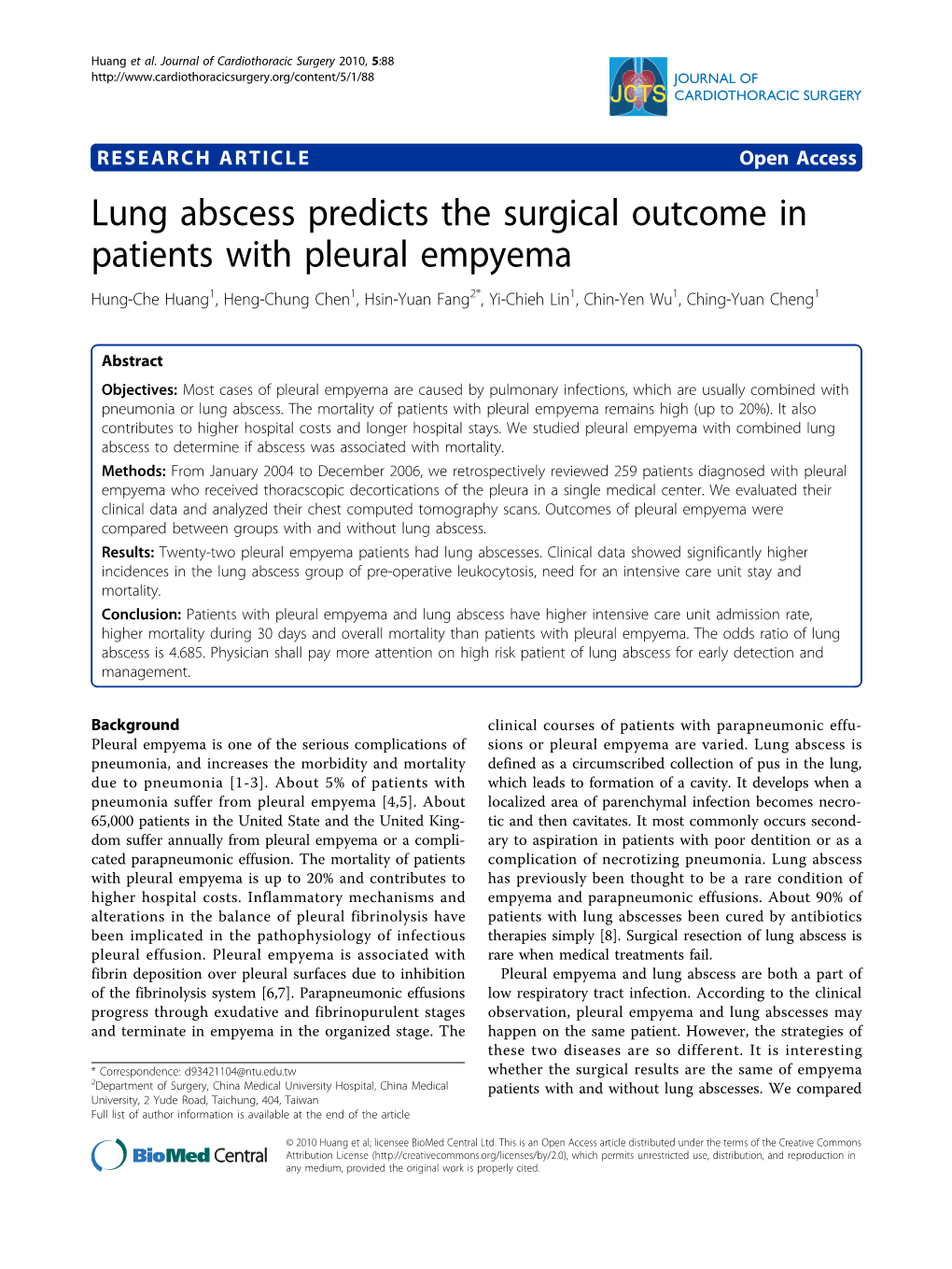 Lung Abscess Predicts the Surgical Outcome in Patients with Pleural