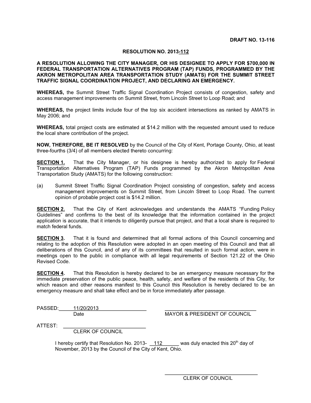 Akron Metropolitan Area Transportation Study (Amats) for the Summit Street Traffic Signal Coordination Project, and Declaring an Emergency