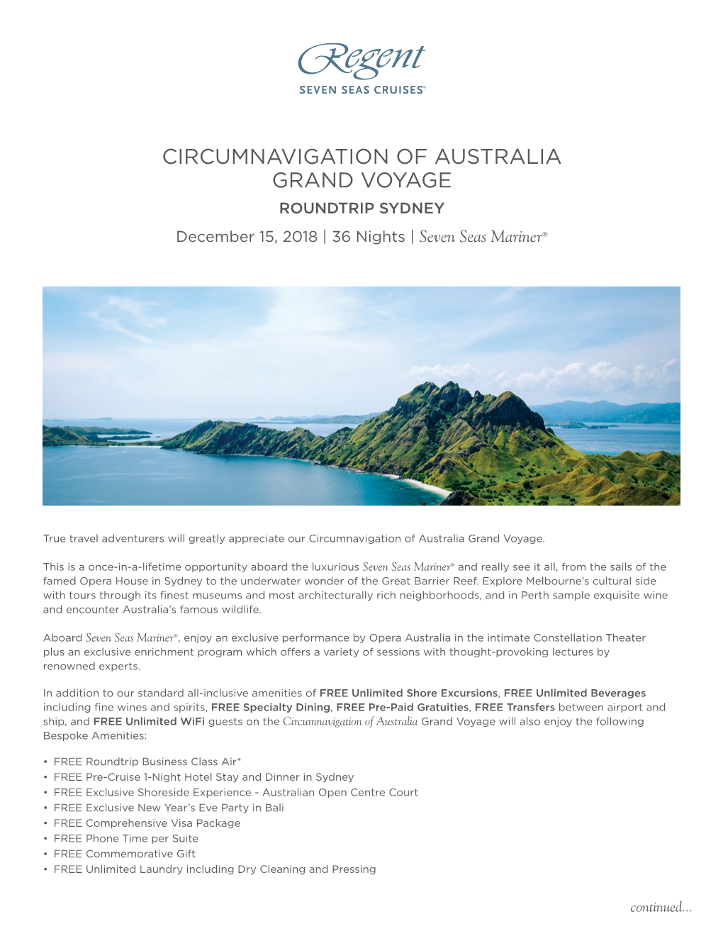 CIRCUMNAVIGATION of AUSTRALIA GRAND VOYAGE ROUNDTRIP SYDNEY December 15, 2018 | 36 Nights | Seven Seas Mariner®
