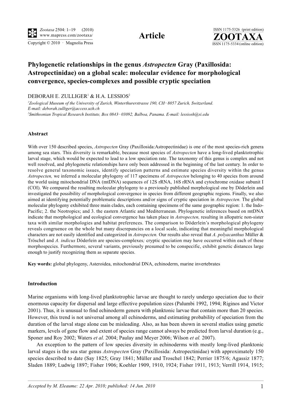 Zootaxa, Phylogenetic Relationships in the Genus