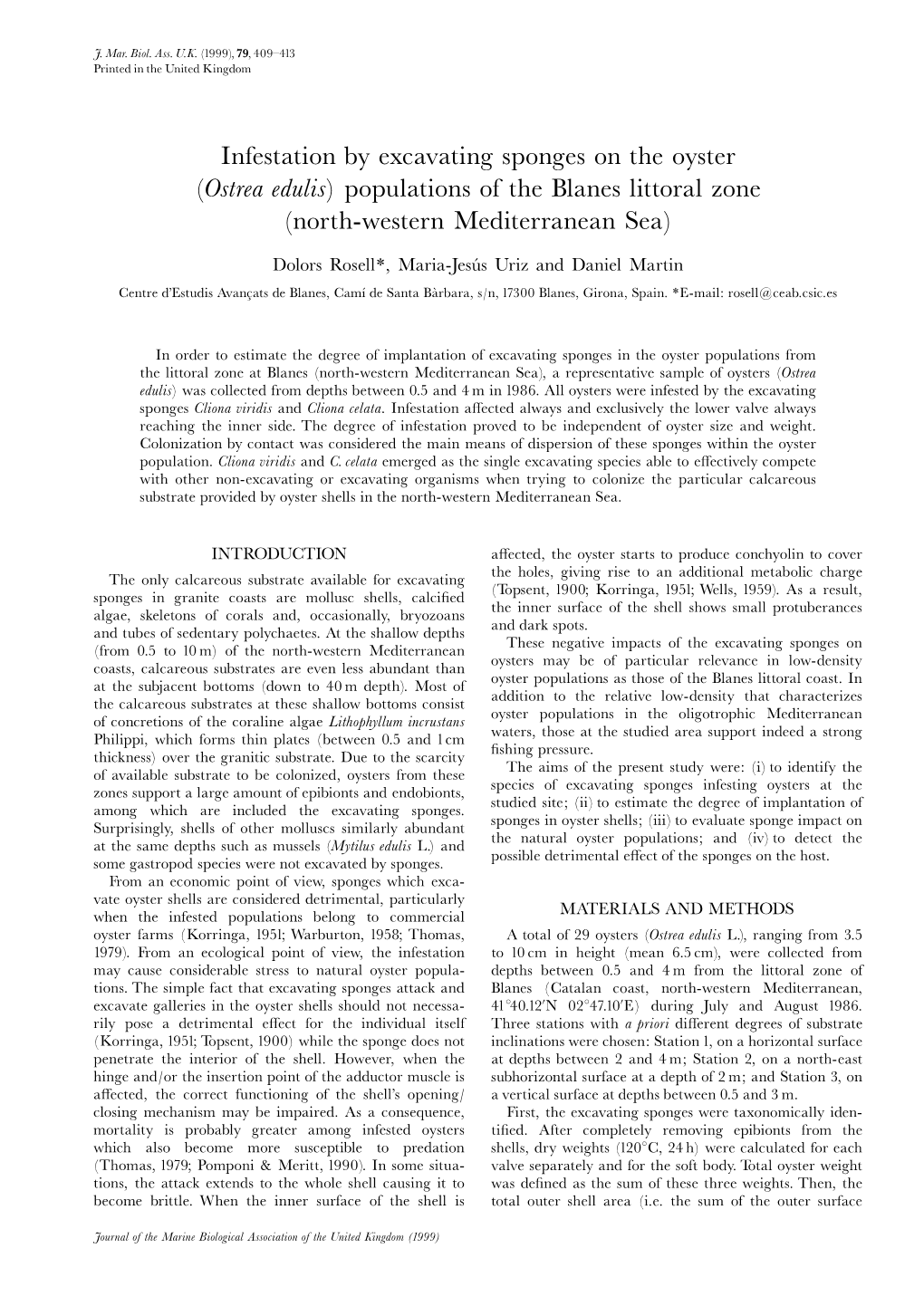 Infestation by Excavating Sponges on the Oyster (Ostrea Edulis) Populations of the Blanes Littoral Zone (North-Western Mediterranean Sea)