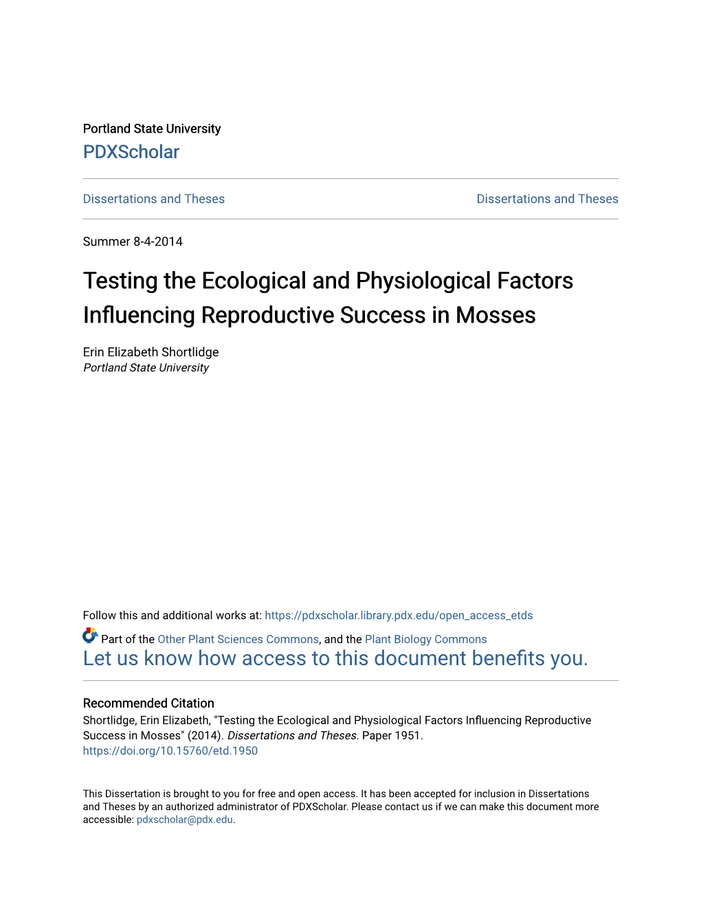 Testing the Ecological and Physiological Factors Influencing Reproductive Success in Mosses