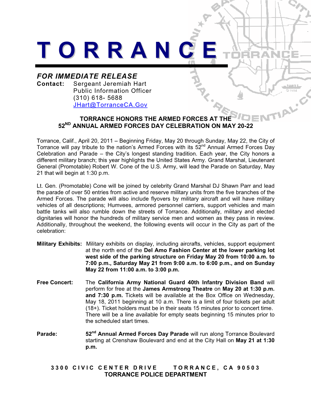 City of Torrance Will Pay Tribute to the Nation’S Armed Forces with Its 52Nd Annual Armed Forces Day Celebration and Parade – the City’S Longest Standing Tradition