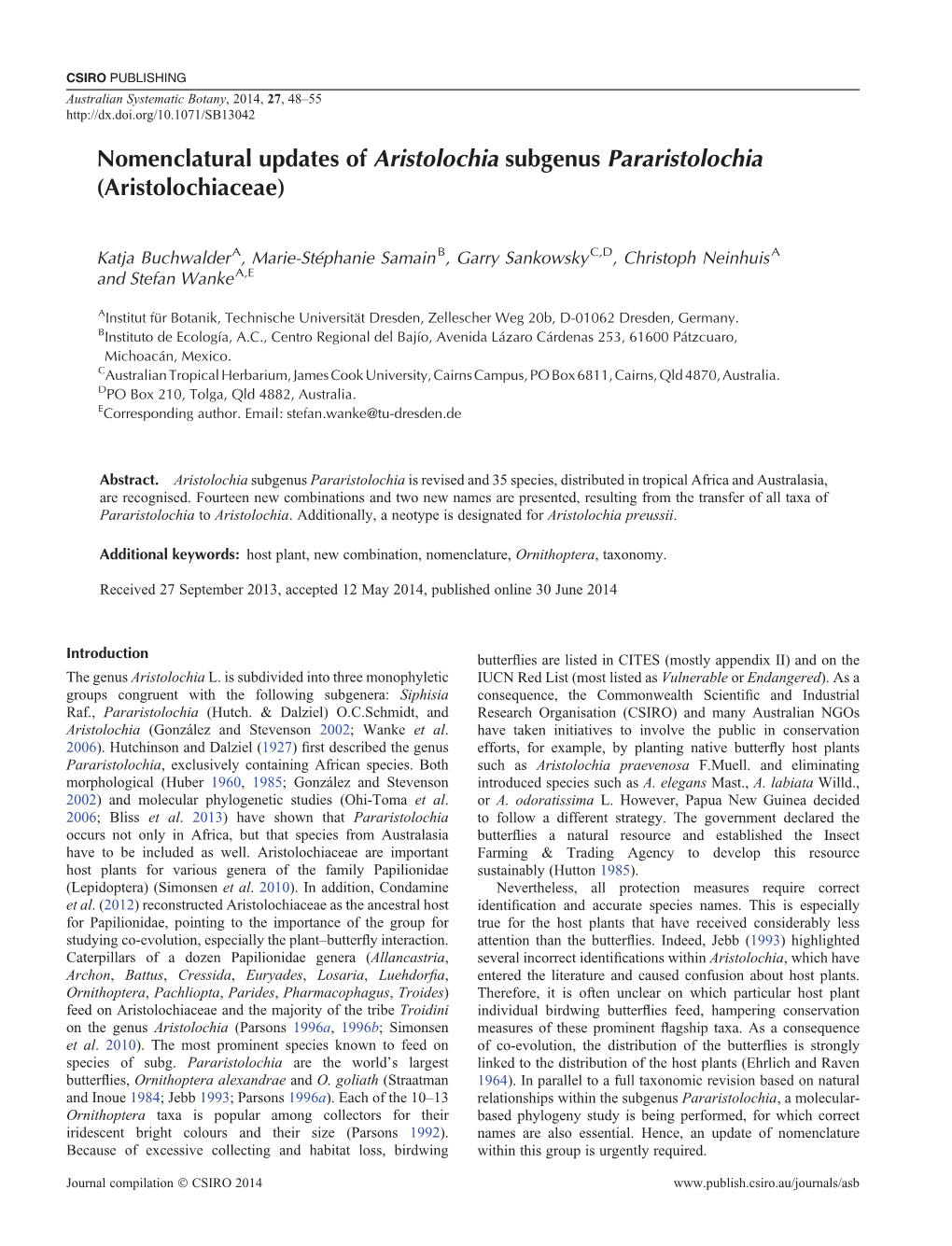 Nomenclatural Updates of Aristolochia Subgenus Pararistolochia (Aristolochiaceae)