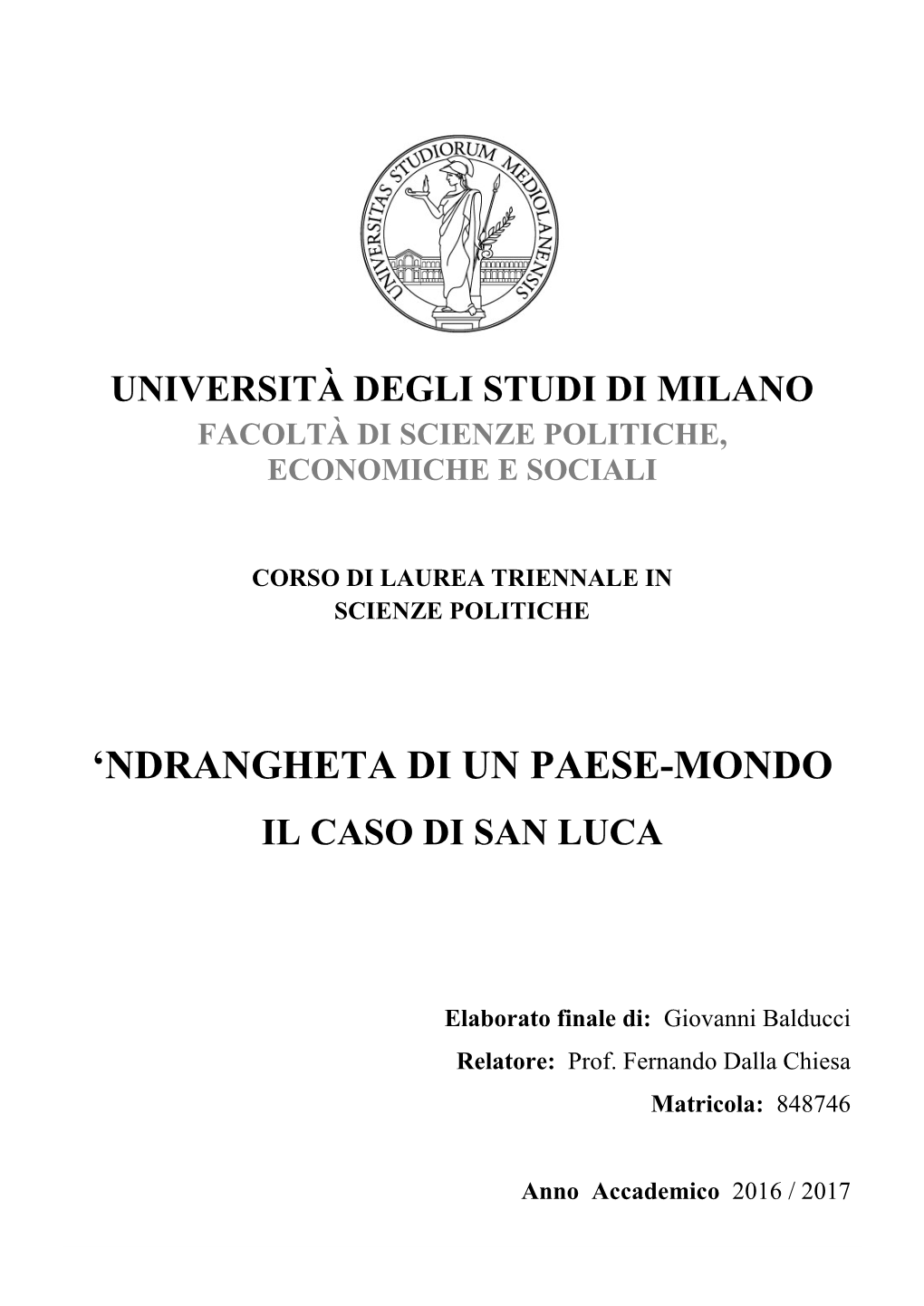 Ndrangheta Di Un Paese-Mondo. Il Caso Di San Luca