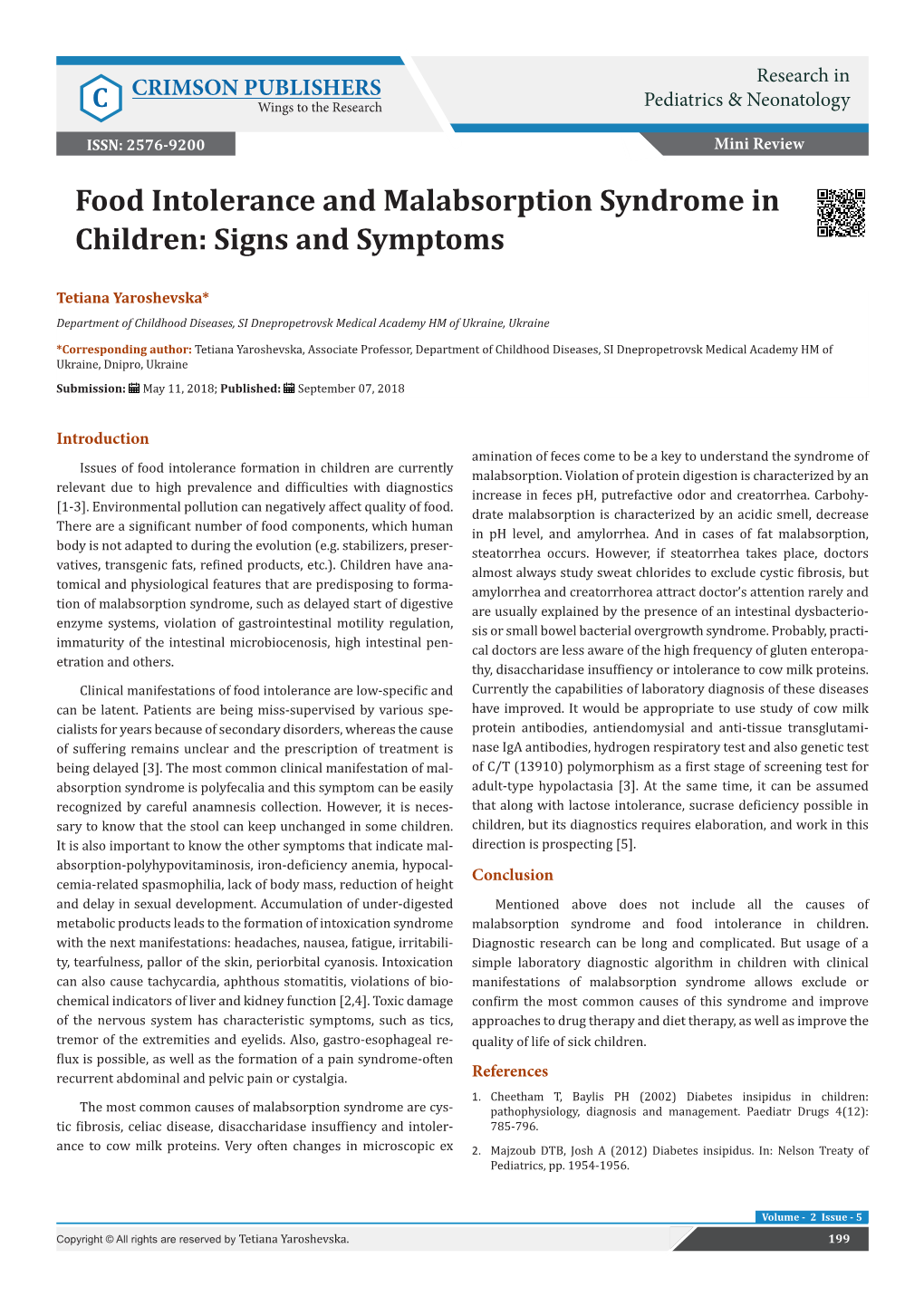 Food Intolerance and Malabsorption Syndrome in Children: Signs and Symptoms