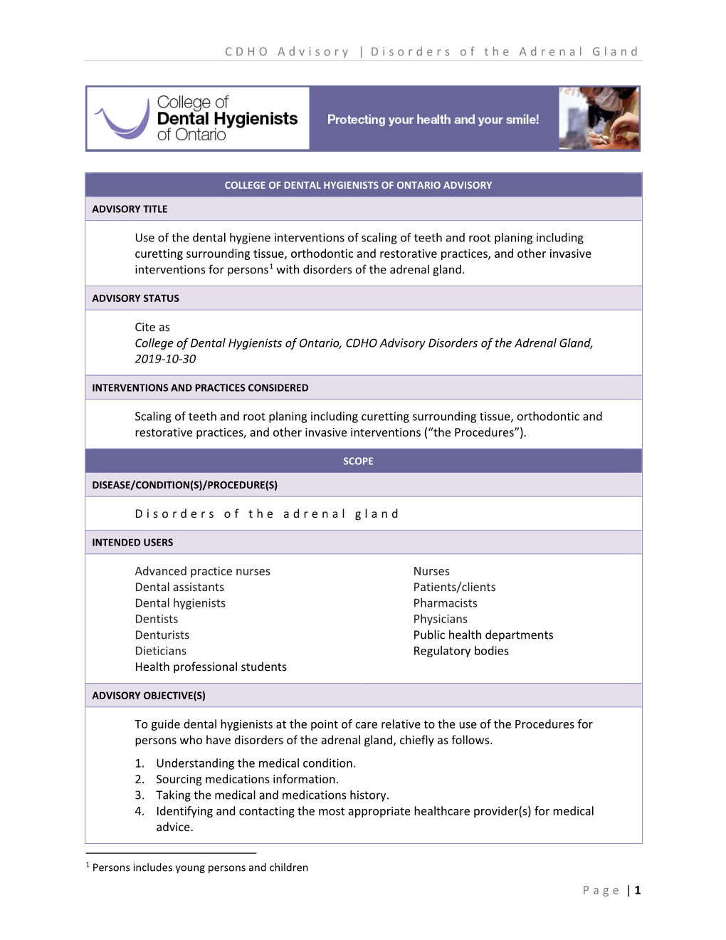 CDHO Advisory Disorders of the Adrenal Gland, 2019-10-30