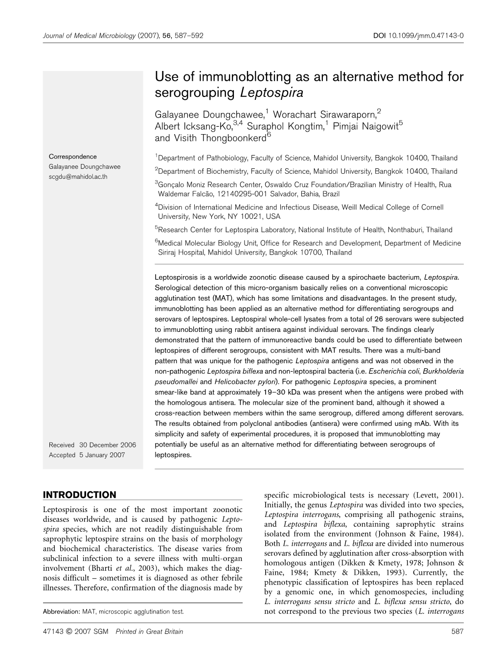 Use of Immunoblotting As an Alternative Method for Serogrouping Leptospira