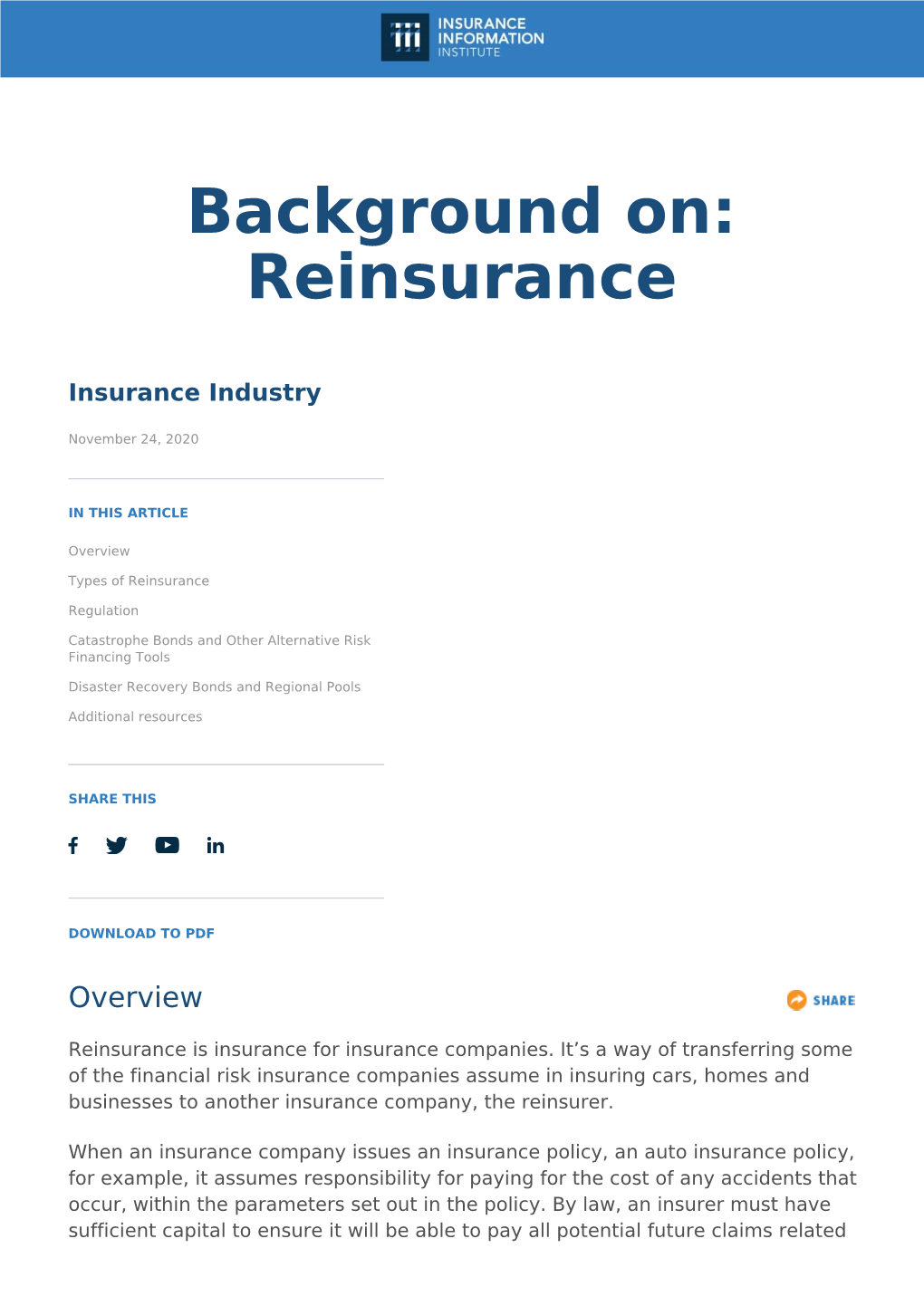 Background On: Reinsurance Reinsurance